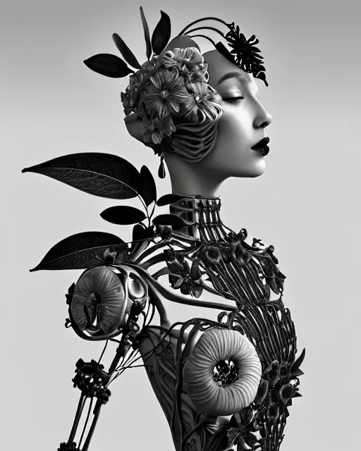 Image similar to monochrome 3 d model, 1 9 4 0 picture, floral steampunk biomechanical beautiful young female cyborg with porcelain profile face and a techno eye, volumetric light, leaves foliage and stems, hibiscus flowers, boho vines, sinuous fine roots, fine foliage lace, alexander mcqueen, rim light, big gothic fashion pearl embroidered collar, octane render, 8 k