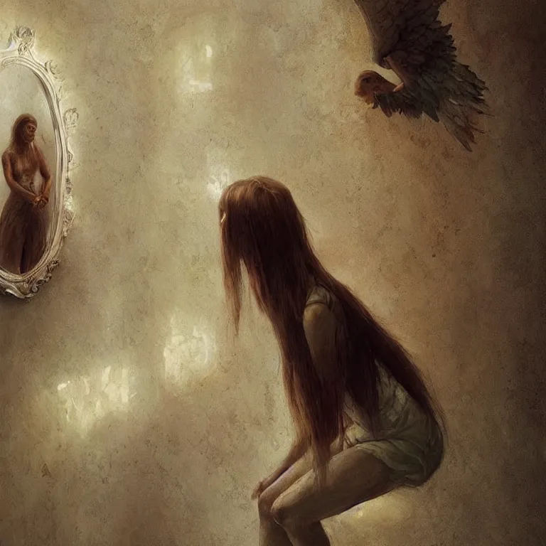 Prompt: angel watching mirror, 3 d render, esao andrews, surrealism, greg rutkowski