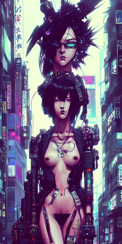 Image similar to hyper - realistic cyberpunk portrait of beautiful! anime woman standing on tokyo street, extreme detail, alluring, in style of yoji shinkawa, pan ren wei, col price, atey ghailan, by greg rutkowski, by greg tocchini, by james gilleard, by joe fenton, by kaethe butcher, grunge aesthetic