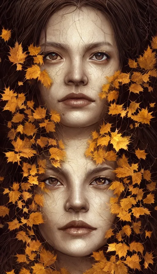 Image similar to golden leaves at frame border, creative!!! composition for a book cover!!!, absurdly beautiful, ultrafine hyperrealistic detailed old witch face by wlop and artgerm and greg rutkowski, intricate linework, sharp focus, smooth, octopath traveler, final fantasy, unreal engine, dramatic lighting, ethereal, 8 k