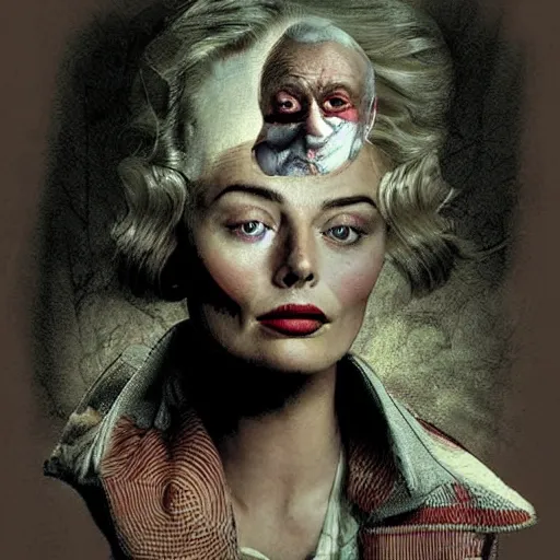 Image similar to Margot Robbie is the fat grandma haunting my dreams, by Dave McKean