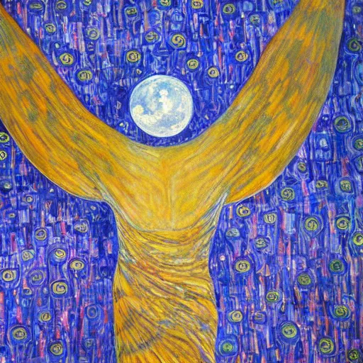 Image similar to a painting of a bird flying in front of a full moon in style of klimt