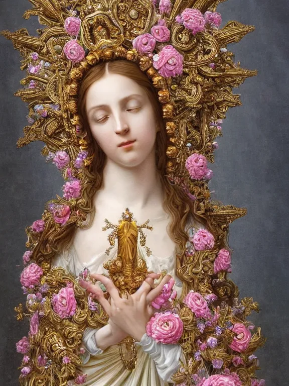 Image similar to a beautiful portrait render of baroque catholic virgin mary sculpture who wearing dramatic headdress with An intricate fractal of flowers and star,by Billelis and aaron horkey and Jean-Baptiste Greuzeand and peter gric and Franz Xaver Winterhalter,Artstation,pinterest,jewelry,porcelain,gold,pink,pearlescent,maximalist