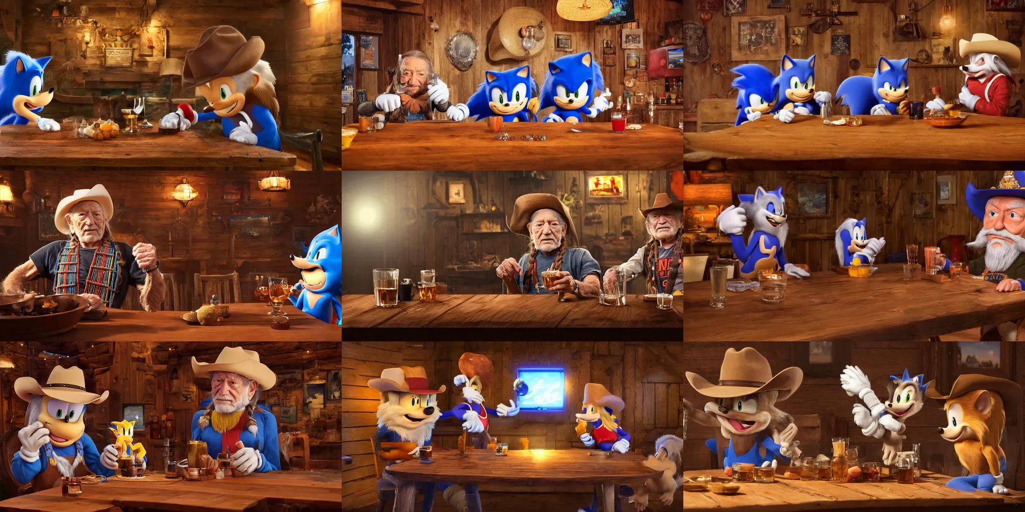 Prompt: willie nelson merrily drinking whiskey together at a wooden table with sonic the hedgehog in a vest wearing a cowboy hat, cinematic lighting, relaxed smoky atmosphere, award winning vfx shot, cinematography, imax photography 4 k