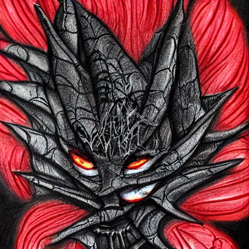 Image similar to demonic charcoal drawing of webs in a red flower by jeremiah ketner | horror themed | creepy