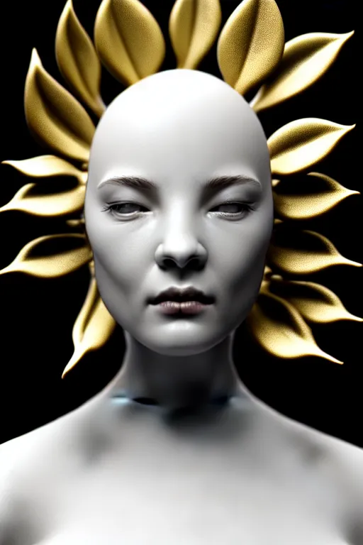 Image similar to soft bw close - up profile face, black background, beautiful young porcelain vegetal - dragon - cyborg - female, 1 5 0 mm, beautiful natural soft rim light, silver gold details, magnolia leaves and stems, roots, mandelbot fractal, elegant, ultra detailed, white metallic armour, octane render, h. r. giger style