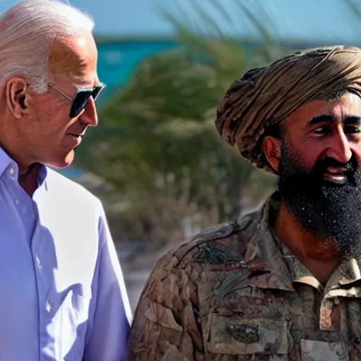 Image similar to ultra realistic candid photograph from osama bin laden with joe biden in bahamas, intricate details, face details