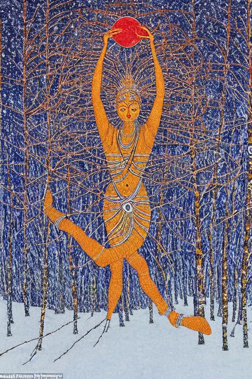 Image similar to ivan marchuk style nataraja dancing in a winter birch grove and raising snow clouds during a solar eclipse, visionary art style