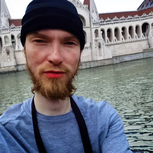 Image similar to artist yeat, noah olivier smith taking a selfie at budapest. realistic