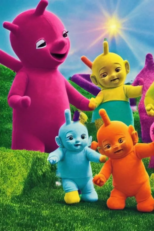 Image similar to Teletubbies gathered in a circle and evoke Satan, VHS effect, old tube TV screen, realistic materials, attention to detail, detailed depth of field, high-quality composition