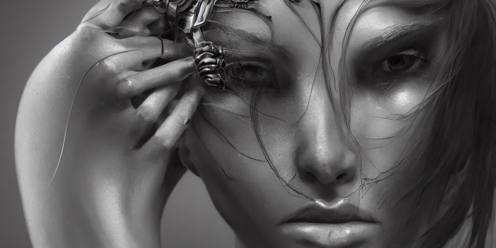 Prompt: hyper realistic photography of a stunningly beautiful cyborg female, intimate, holding close, ribbon, razors, in the style of beth cavener, jin kagetsu,, and wlop, highly detailed, intricate filigree, symmetry, masterpiece, award winning, sharp focus, concept art, highkey lighting, ambient lighting, octane render, 8 k, artstation