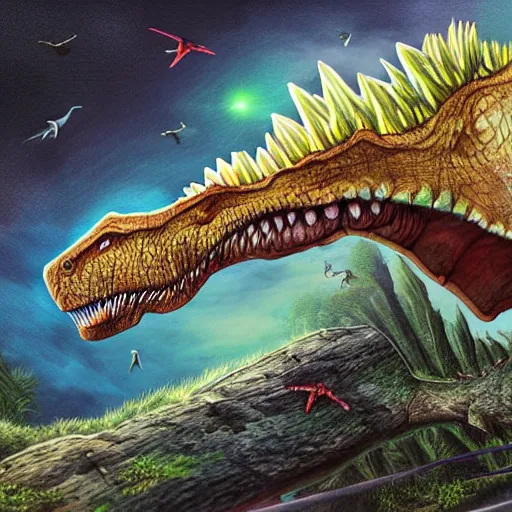 Image similar to The end of the dinosaur era, super realistic drawing, colourful, high detail, digital art,