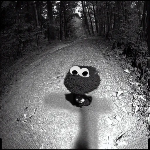 Image similar to Cookie monster caught on a trail cam, trail cam footage, wide angle lens, night vision