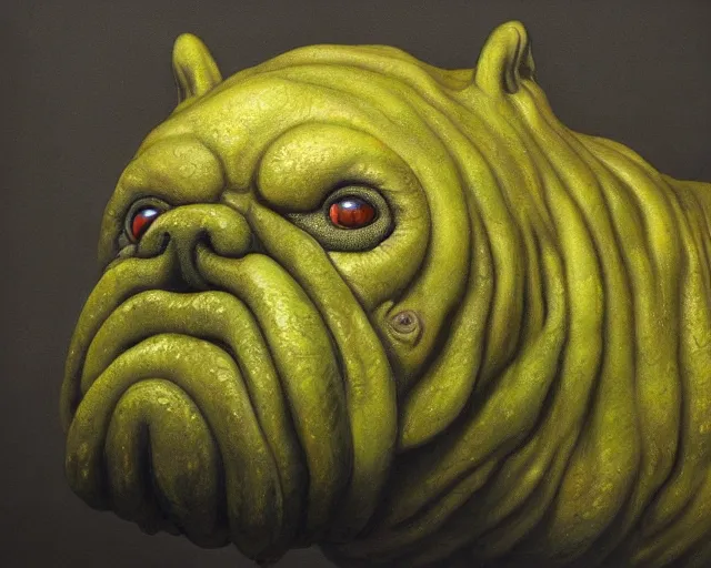 Image similar to Haunting horrifying hyperrealistic detailed painting of a fat dog canine creature made of slime, gelatinous green goop, heavy metal, disgusting, creepy, unsettling, and glowing yellow eyes, hyper detailed, trending on Artstation