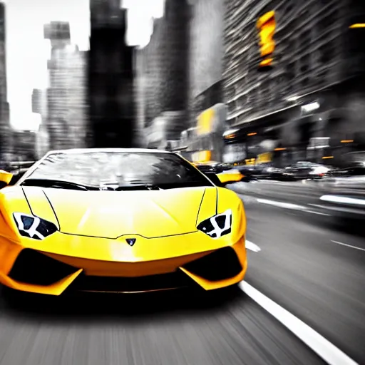 Image similar to a mushroom in a lamborghini speeding through nyc, cinematic, motion blur