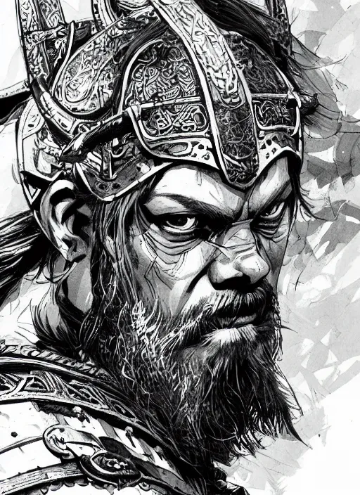 Prompt: portrait of a viking warrior, sumi - e style, masterful, ultrafine hyperdetailed illustration, concept art, detailed, intricate linework, art by yoji shinkawa