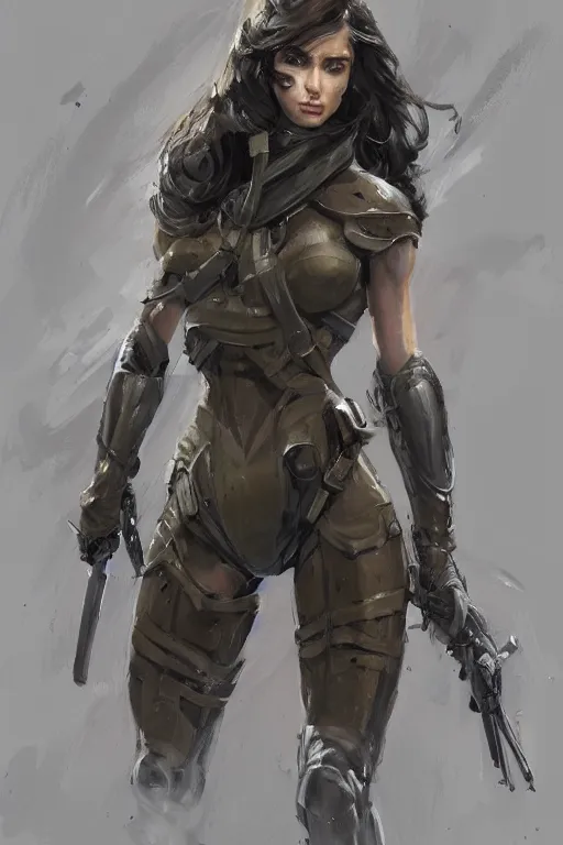 Image similar to a professionally painted portrait of an attractive young woman, clothed in military armor, olive skin, long dark hair, beautiful bone structure, symmetrical facial features, intricate, elegant, digital painting, trending on Artstation, concept art, smooth, sharp focus, illustration, from Metal Gear by Ruan Jia and Mandy Jurgens and Artgerm and William-Adolphe Bouguerea, award winning