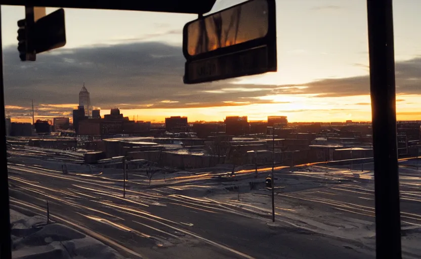 Image similar to low angle photo of sunrise view of buffalo new york as seen from a bus window, scene from being john malcovich film directed by charlie kaufman ( 2 0 0 1 ), moody cinematography and lighting, 2 4 mm anamorphic lens