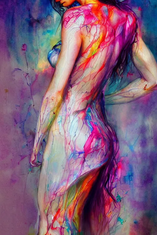 Image similar to gal gadot by agnes cecile enki bilal moebius, intricated details, 3 / 4 back view, full body portrait, extremely luminous bright design, pastel colours, drips, autumn lights