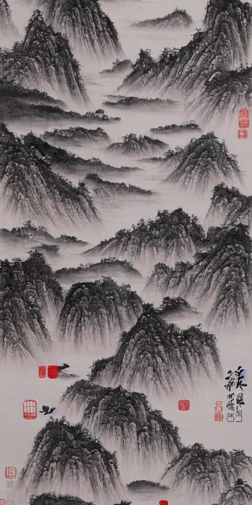 Image similar to Environmental shot, Beautiful!!!!! chinese ink-wash painting a river and ((cliffs)), birds flying , shui mo hua, highly intricate, with some red!! strokes!!
