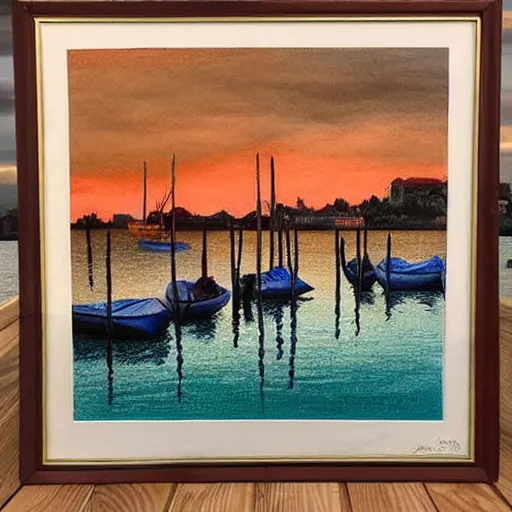 Image similar to Colored pencil art on paper, Venetian port village Sunset reflecting light of the water, highly detailed, artstation, MasterPiece, Award-Winning, Caran d'Ache Luminance