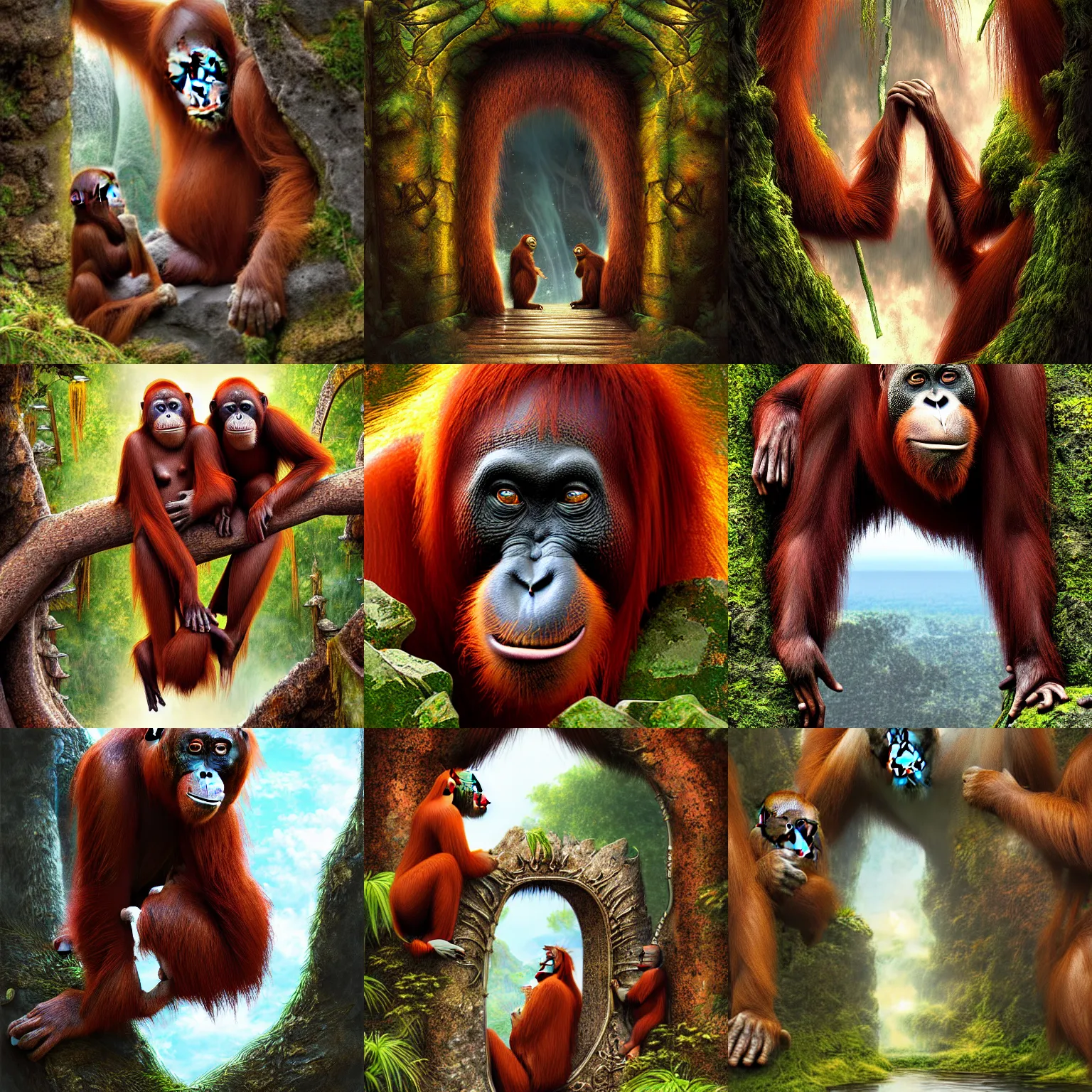 Prompt: The gate to the eternal kingdom of orangutans, fantasy, digital art, HD, detailed.