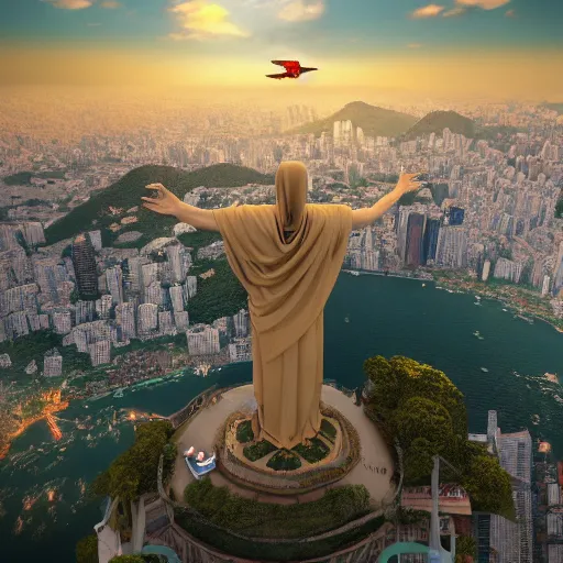 Image similar to a highly detailed picture of, the christo redentor dabbing over rio de janeiro and shouting poggers, ultrawide lens, art by john collier and albert aublet and krenz cushart and artem demura and alphonse mucha, volumetric lighting, octane render, 4 k resolution, trending on artstation, masterpiece