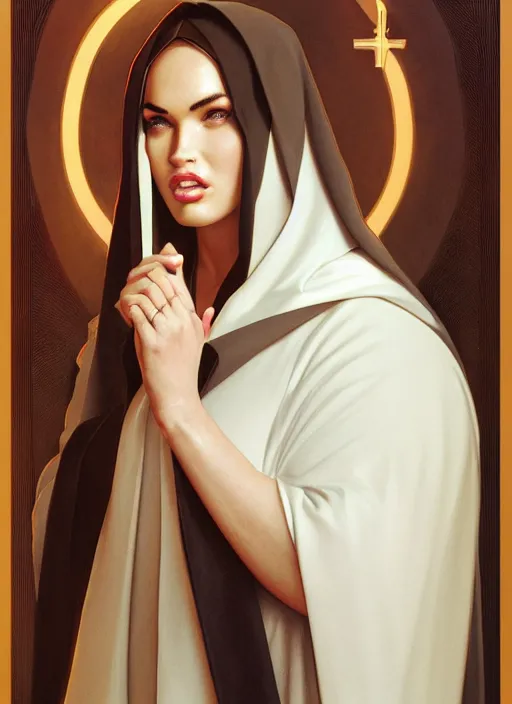 Prompt: portrait of a very obese megan fox as an obese sultry nun, catholic, church, bible, christianism, praying, intrigante, headshot, highly detailed, digital painting, artstation, concept art, sharp focus, cinematic lighting, illustration, art by artgerm and greg rutkowski, alphonse mucha, cgsociety