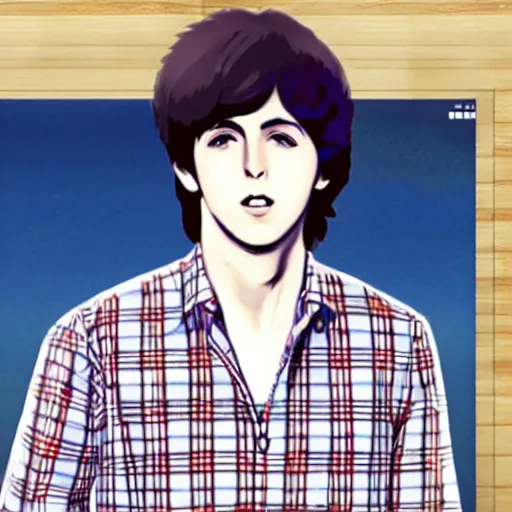 Image similar to anime illustration of young Paul McCartney from the Beatles, wearing a blue and white check shirt and watch, relaxing on a yacht at sea, screenshot from Weathering With You (2019)