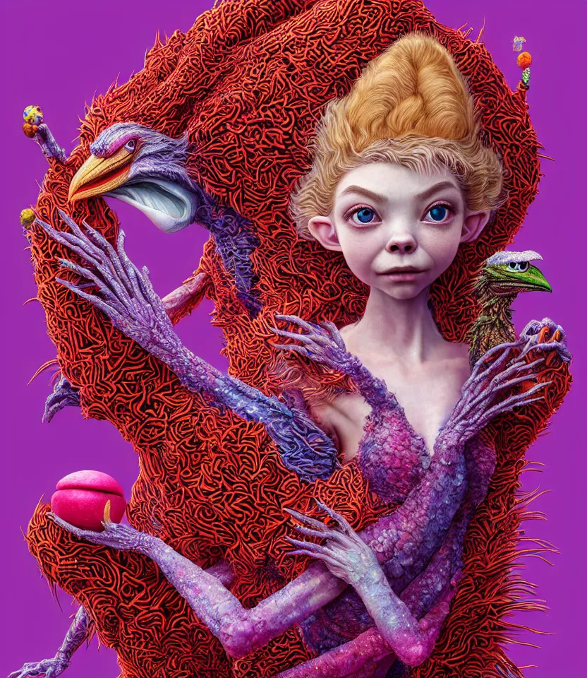 Image similar to hyper detailed 3d render like a Oil painting - kawaii portrait of lovers Aurora (a beautiful girl skeksis muppet fae princess protective playful expressive acrobatic from dark crystal that looks like Anya Taylor-Joy) seen red carpet photoshoot in UVIVF posing in scaly dress to Eat of the Strangling network of yellowcake aerochrome and milky Fruit and His delicate Hands hold of gossamer polyp blossoms bring iridescent fungal flowers whose spores black the foolish stars by Jacek Yerka, Ilya Kuvshinov, Mariusz Lewandowski, Houdini algorithmic generative render, golen ratio, Abstract brush strokes, Masterpiece, Edward Hopper and James Gilleard, Zdzislaw Beksinski, Mark Ryden, Wolfgang Lettl, hints of Yayoi Kasuma and Dr. Seuss, Grant Wood, octane render, 8k