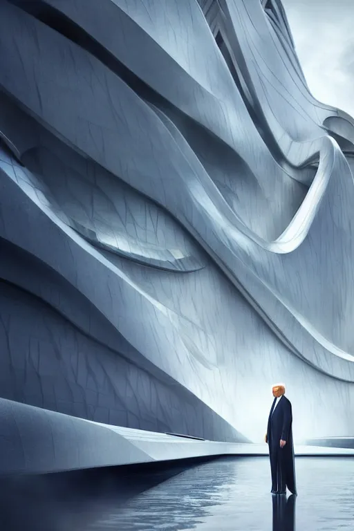 Image similar to a futuristic scene with an log silver haired beautiful donald trump in a white flowing dress, in front of a zaha hadid building, cinematic matte painting, extreme detail photo quality, dark moody colors, featured on behance