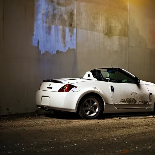 Prompt: decaying white 350z roadster abandoned in alley night time decrepit shot from bladeruner 2049 soft lighting dark shadows beautiful 105mm camera Ryan Church