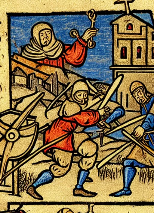 Prompt: A painting of quadrocopter attack peasant, medieval graphic, high detailed, codex