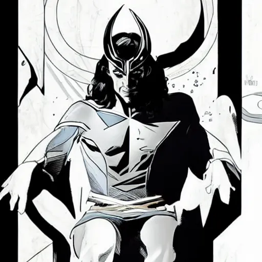 Image similar to The artwork is conceptual artwork for a graphic novel that shows Loki, the god of mischief, in a variety of emotional states. Lee Garbett created the artwork.