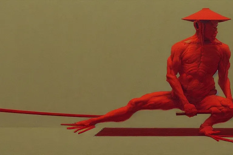 Image similar to only with red, a red samurai do seppuku, tokio, a lot of frogs watch, in the style of beksinski, parts by edward hopper, parts by rodcenko, parts by yue minjun, intricate and epic composition, red by caravaggio, insanely quality, highly detailed, masterpiece, red light, artstation, 4 k