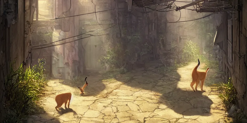 Prompt: a cute caracal in an abandoned alleyway, medium shot, waist up, studio Ghibli, Pixar and Disney animation, sharp, very detailed, high resolution, Rendered in Unreal Engine 5, anime key art by Greg Rutkowski, Bloom, dramatic lighting