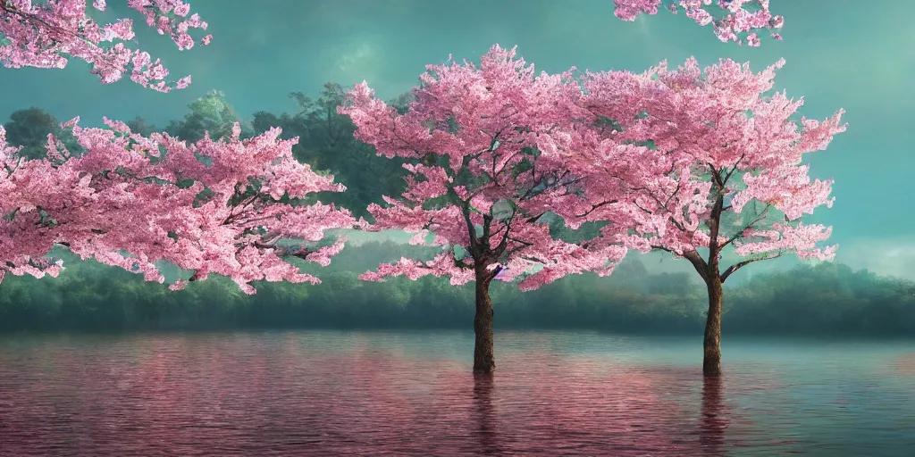 Image similar to a single sakura tree growing upon an island in a lake, cherry blossoms, illustration, light beams, digital art, oil painting, fantasy, 8 k, trending on artstation, detailed