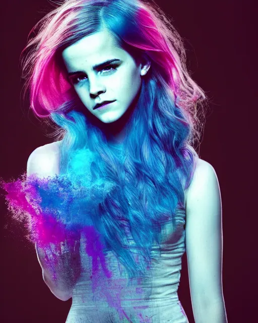 Prompt: a dramatic lighting photo of a beautiful young woman emma watson with cotton candy hair. paint splashes. with a little bit of cyan and pink