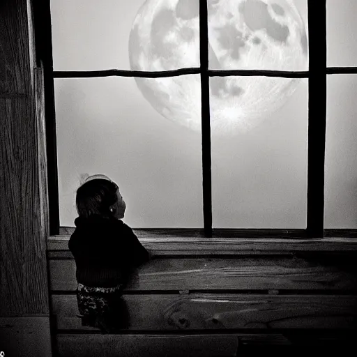 Image similar to moonlight shines through dead tree limbs, illuminating a small child peering into the window of a cabin on a dark foggy night