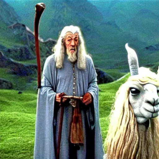 Prompt: still from the movie'' gandalf and the llama'' ( 1 9 9 6 )