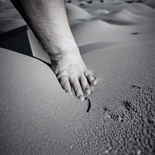 Image similar to desperate hand model rises from the white desert. hand rises from sand. 8 k