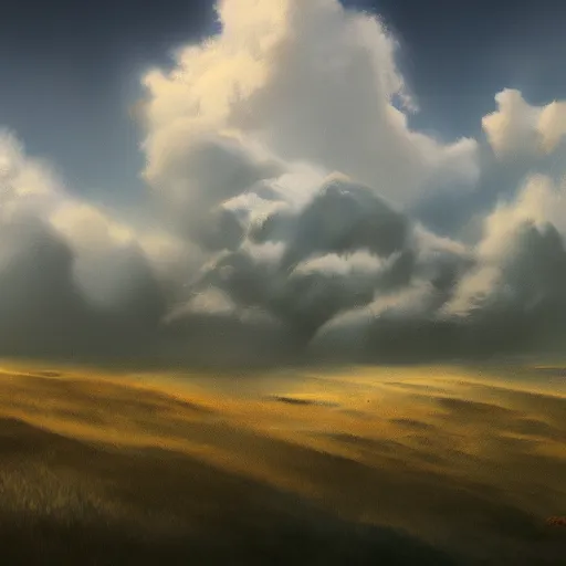 Prompt: peaceful puffy clouds, matte painting, concept art, 4k