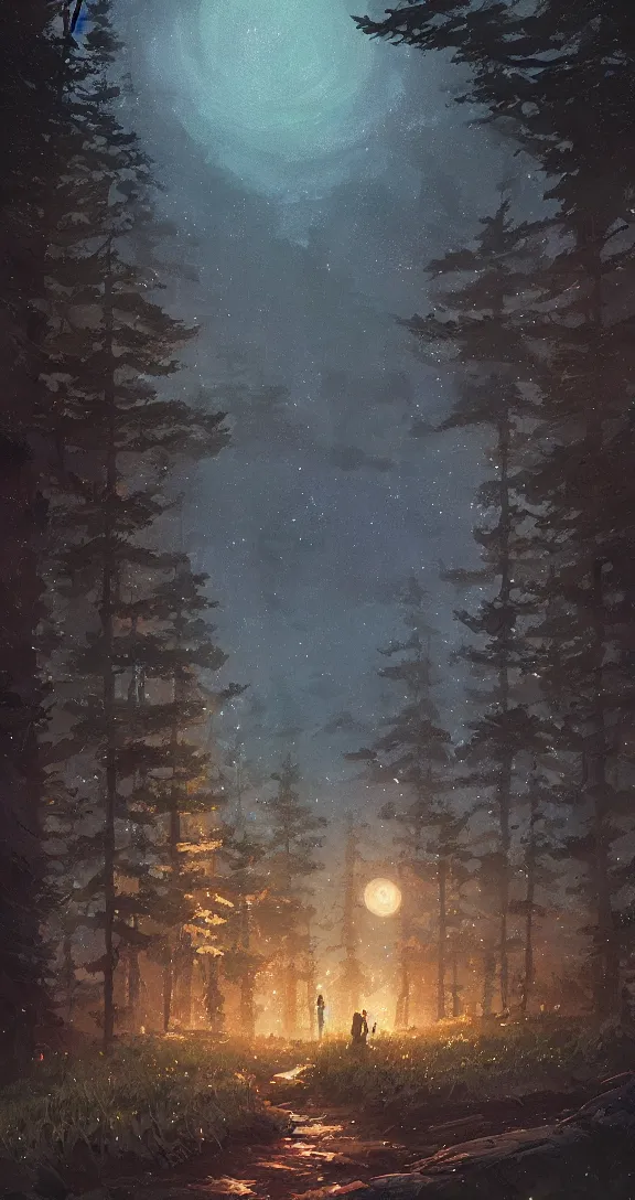 Image similar to A starry night in the forest, by Studio Ghibli and Greg Rutkowski, artstation