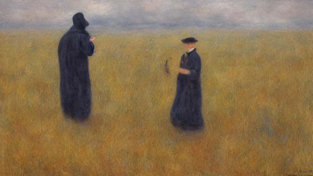 Image similar to a the grim reaper standing in a foggy wheat field in style of pierre - auguste renoir,, fine details,