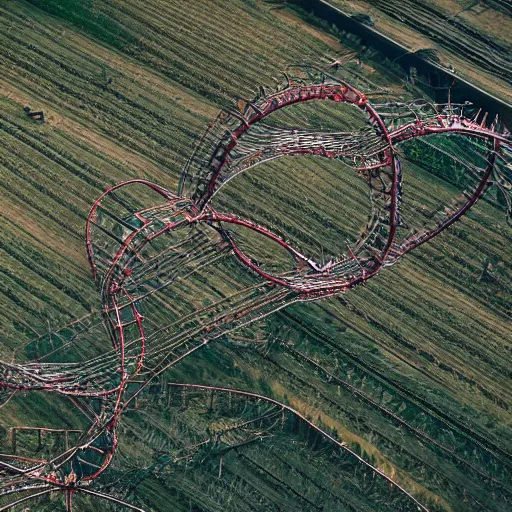 Prompt: a rollercoaster, tracks of barbed wire, birds eye view, surreal