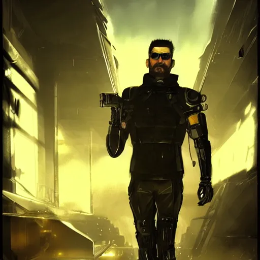 Prompt: Adam Jensen from Deus Ex as Gigachad, by Cedric Peyravernay, highly detailed, surrealism, excellent composition, cinematic concept art, dramatic lighting, trending on ArtStation