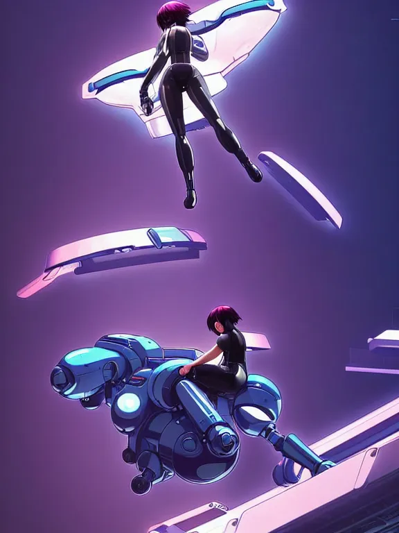 Image similar to a fullbody action still of motoko kusanagi riding on top of a tachikoma, the major ghost in the shell : : stand alone complex, under repairs, maintenance : : by ilya kuvshinov, rossdraws, artgerm, sola digital arts, anti aliasing, raytracing : :