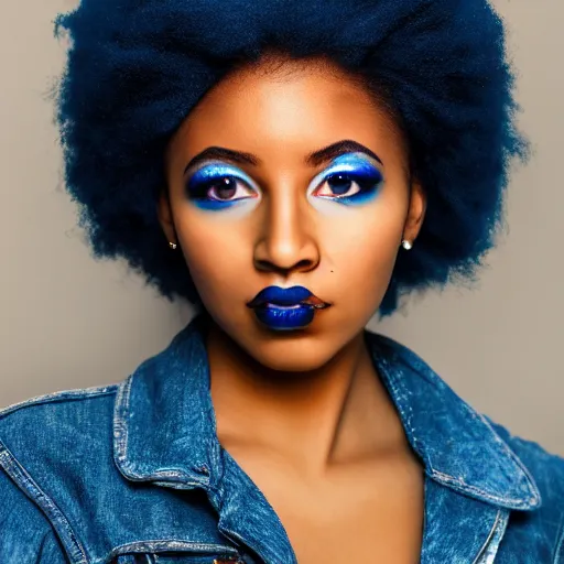 Image similar to a realistic model photoshoot of a black girl with blue afro hair, beautiful, model, professional picture, realistic, 4 k, bright light, portrait