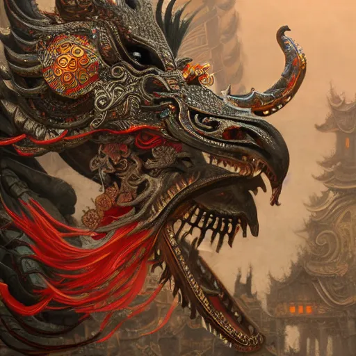 Image similar to chinese new year festival, intricate detail, royo, vallejo, frazetta, giger, whealan, hd, unreal engine,