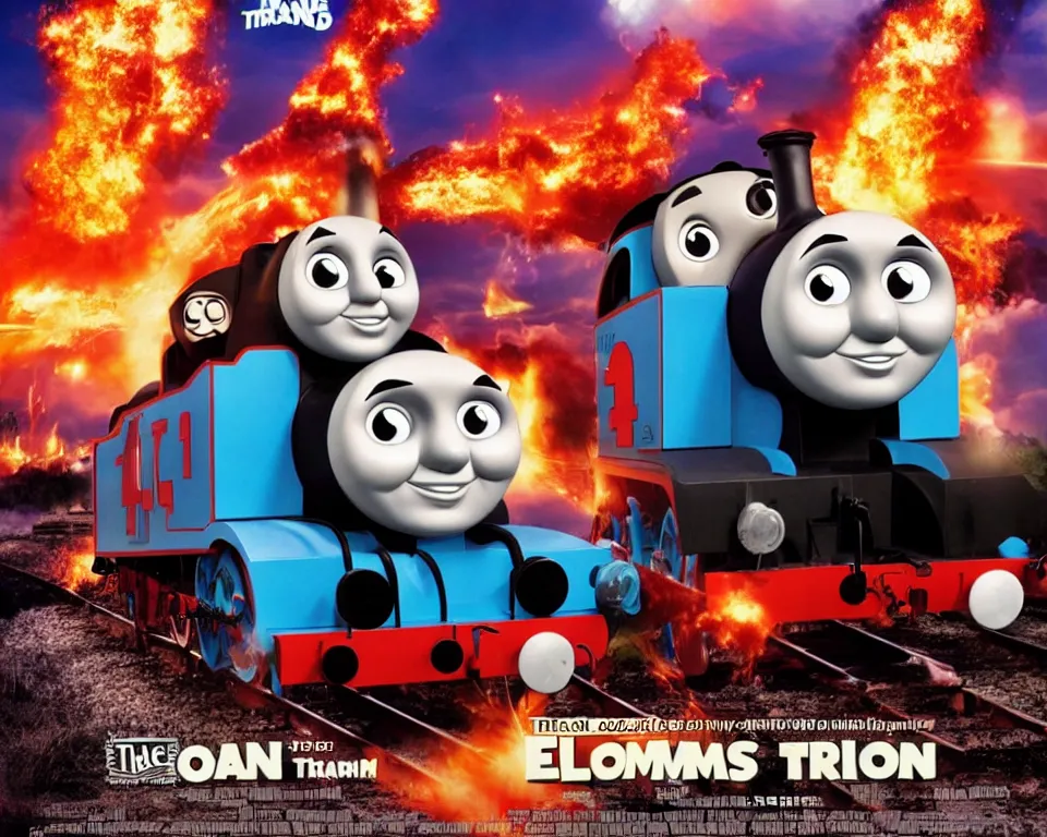 Image similar to thomas the tank engine exploding, movie poster